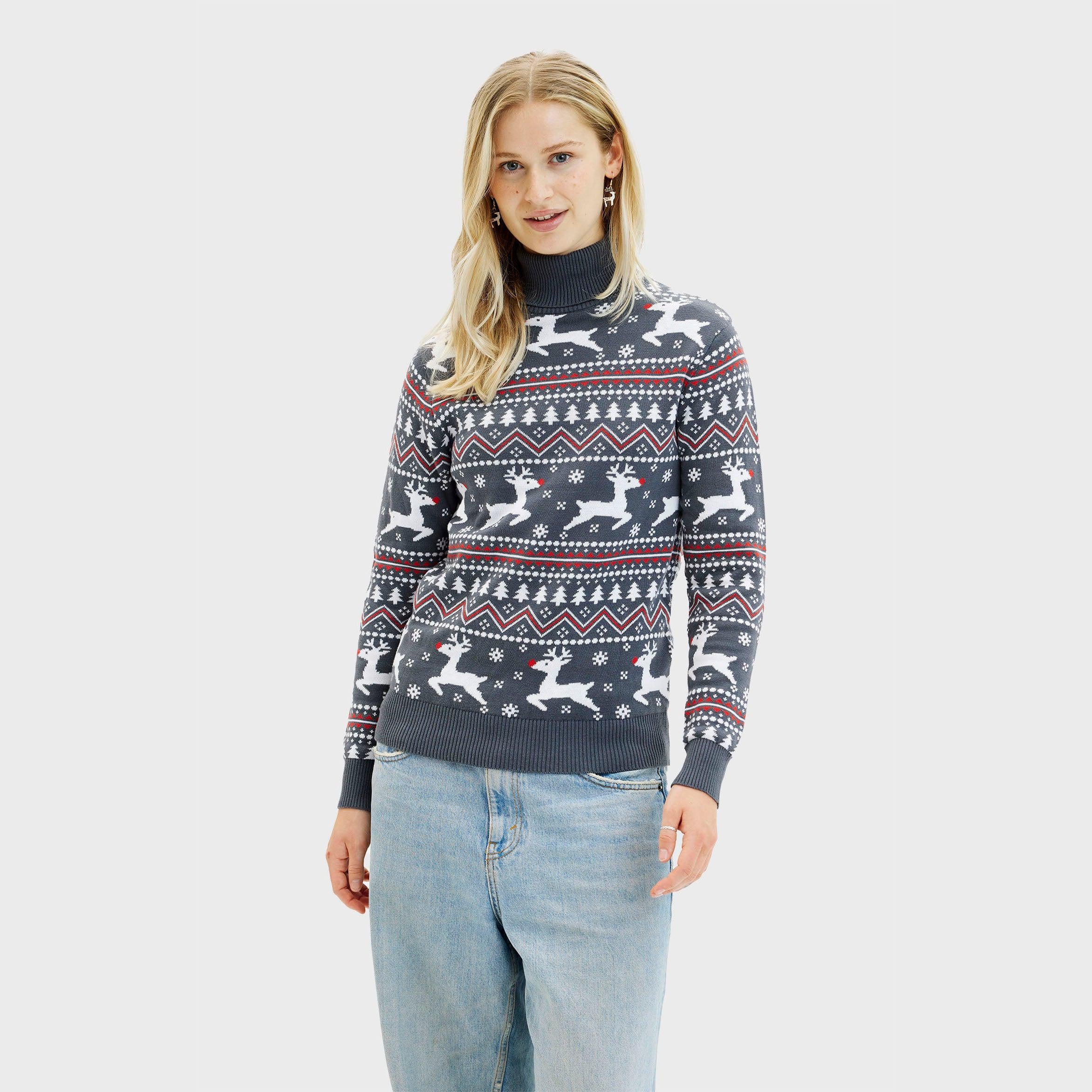 Grau-blauer weihnachtspullover damen mit Rollkragen und Rentier-Motiv, nachhaltige Bio-Baumwolle.